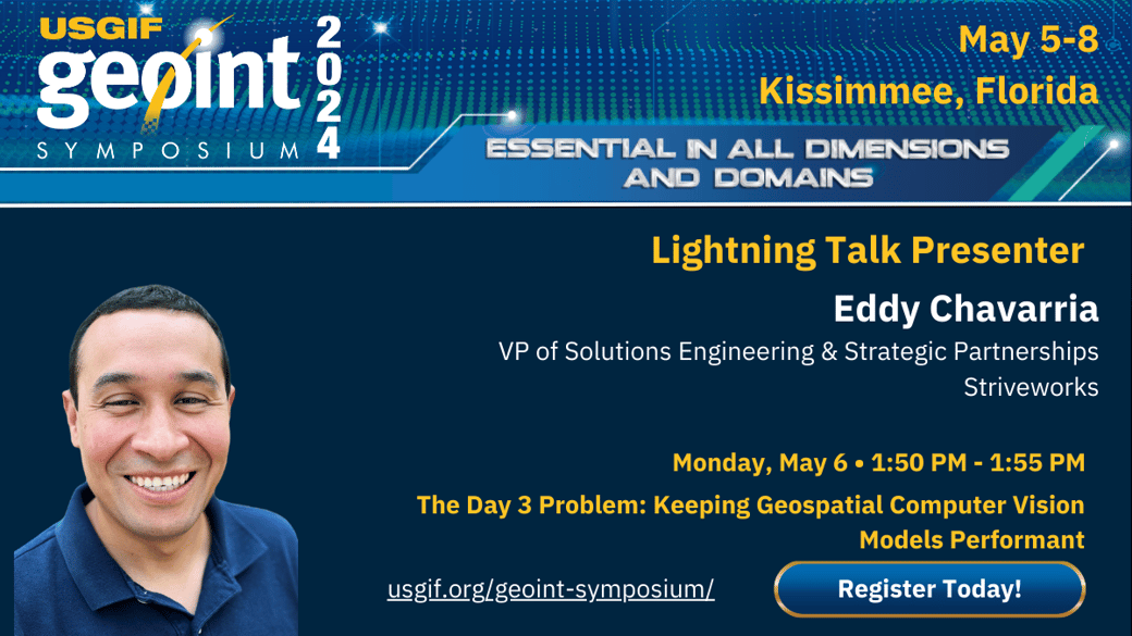 Promotional banner for Eddy Chavarria's lightning talk at USGIF GEOINT